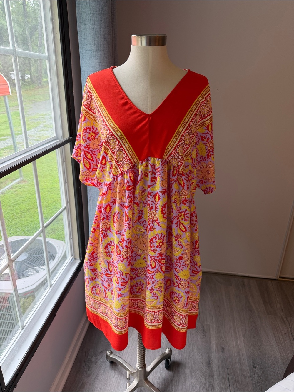 Floral V-Neck Mini Dress with Pink & Yellow Print pockets